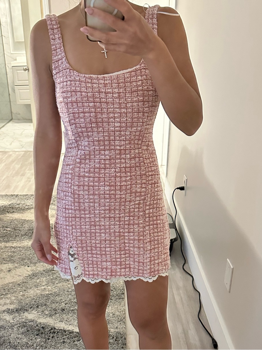 Zara Pink Tweed Mini Dress with Lace Trim